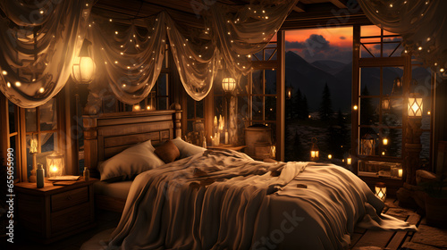 3d rendering of a bedroom in a mountain village at night.