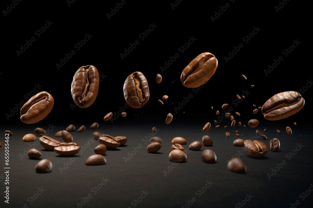 Coffee beans flying on black background Coffee beans flying on black background
