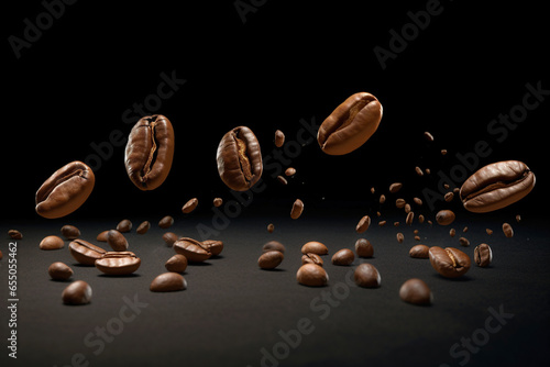 Coffee beans flying on black background © LeonPhoto