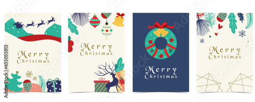 Christmas background with tree,gift,wreath.Editable vector illustration for postcard,a4 size
