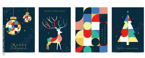 Christmas geometric background with ball,tree,reindeer.Editable vector illustration for postcard,a4 size