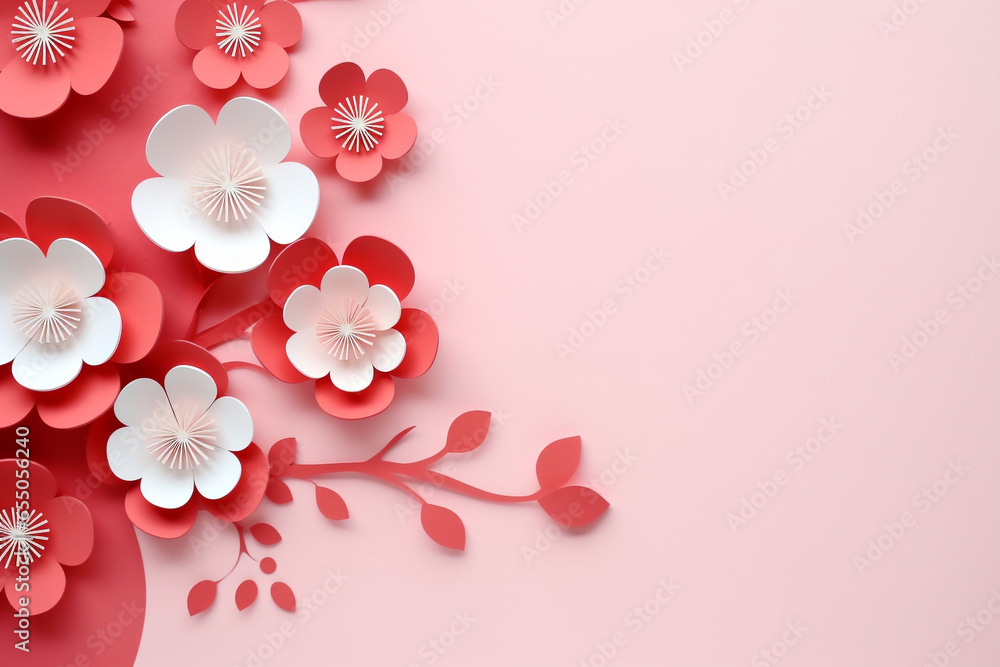 Fototapeta premium Paper cut flowers and leaves, Fresh spring nature background. Floral banner, poster, flyer template with copy space.