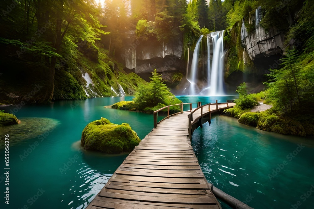 waterfall in the forest and wooden bridge over the lake, waterfall background, waterfall wallpaper, tropical waterfall, waterfall wildlife - obrazy, fototapety, plakaty 