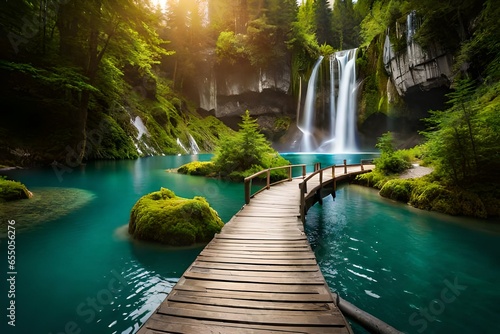 waterfall in the forest and wooden bridge over the lake, waterfall background, waterfall wallpaper, tropical waterfall, waterfall wildlife photo