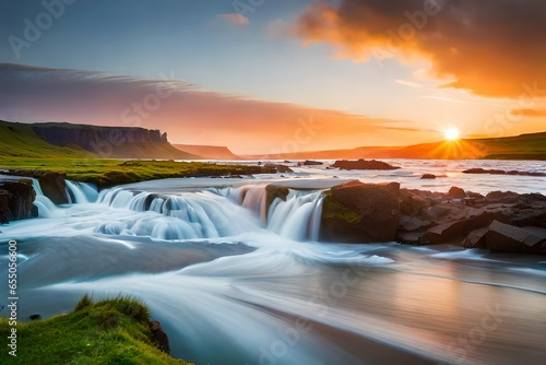 waterfall on plan mountain with clouds at sunset