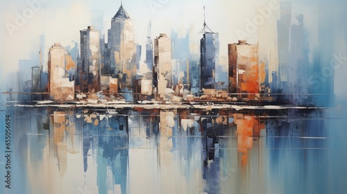 Skyline city view with reflections on water. Original oil painting on canvas photo