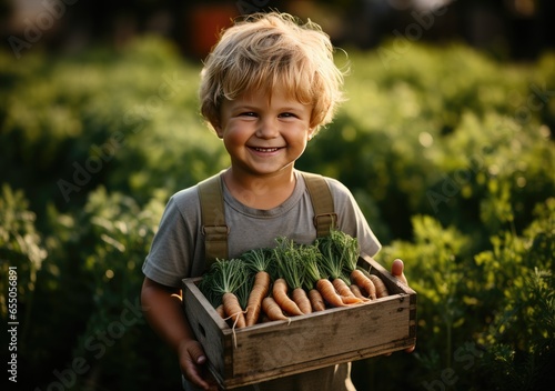 Young farmer with freshly picked carrots in basket. Hand holding wooden box with vegetables in field. Fresh Organic Vegetable. AI Generative. © peacehunter