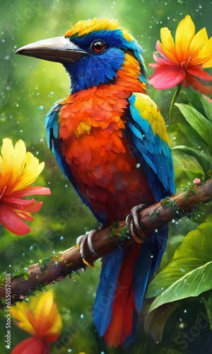  Costa Rican the most bright bird in the flowers under the rain Costa Rican, bright, bird, flowers, rain