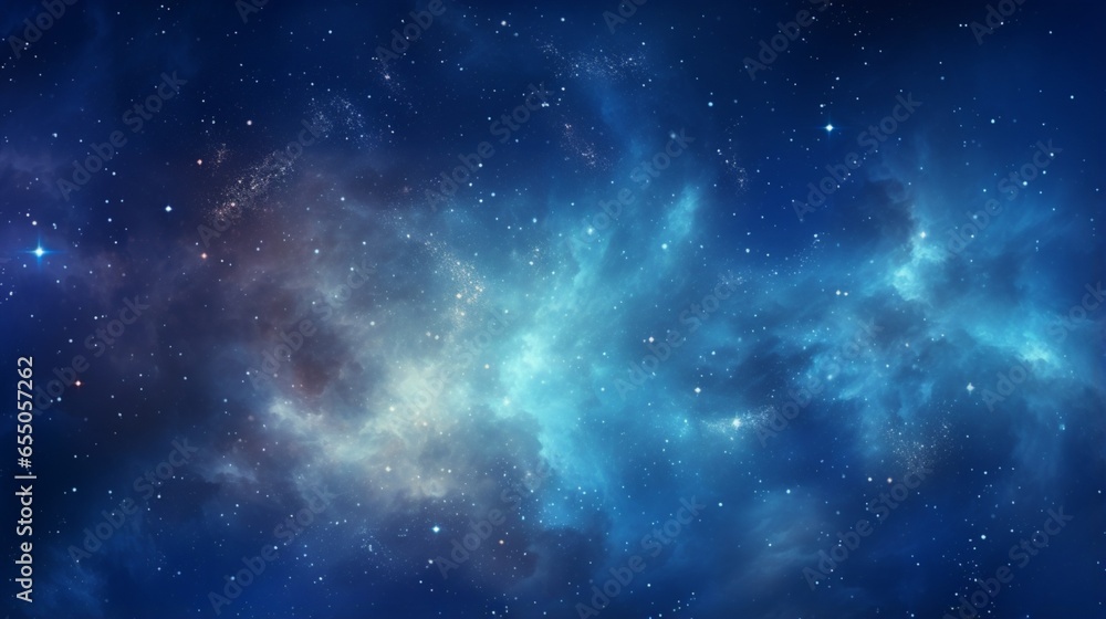 Space background with stardust and shining stars. Realistic colorful cosmos with nebula and milky way. Blue galaxy backdrop. Beautiful outer space. Infinite universe