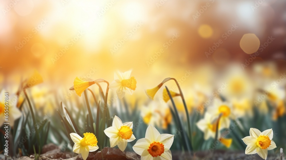 Spring Easter background with beautiful yellow daffodils - obrazy, fototapety, plakaty 