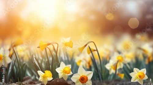 Spring Easter background with beautiful yellow daffodils #655057861
