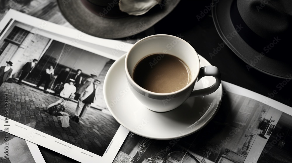 Obraz na płótnie Still life details, cup of coffee and retro vintage black-and-white photos, top view point w salonie