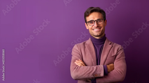 Young buisnessman wearing eyeglasses standing against purple background © LomaPari2021