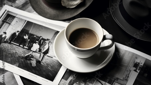 Still life details, cup of coffee and retro vintage black-and-white photos, top view point photo
