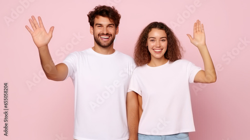 Young cheerful couple two friends man woman giving high five hold hands folded isolated.generative ai photo