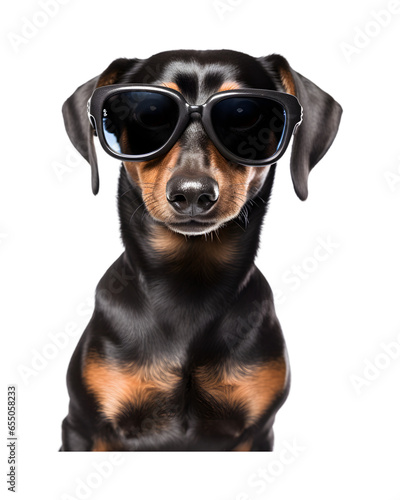 close-up photo of a happy dog wearing cool looking glasses isolated on a transparent background © Breyenaiimages