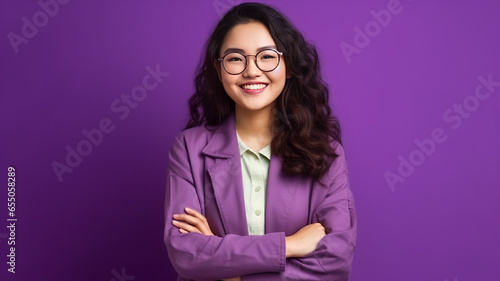 Young asian buisnesswoman wearing eyeglasses standing against purple background