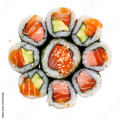 An ultra HD studio photo of Sushi Rolls, isolated on white, ultra textured, studio lighting, gourmandise