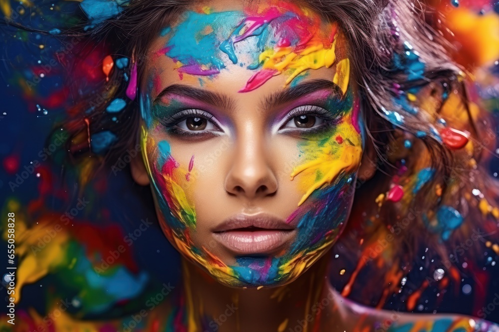 Art studio portrait of female model face in colorful paint splashes.