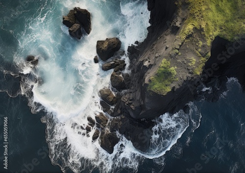 Aerial view of rocky coastline. Waves hitting in rocks. Birds eye view of the sea, cinimatic sea and moutain view. AI Generative.