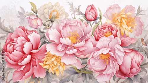 Peonies with monograms pattern, the picture is disassembled from four sides, the drawing is ready for use on textile paper