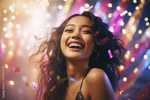 bright girl smiling with confetti in the air at a party