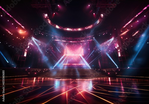 Free stage with lights, lighting devices, Shining spotlights and empty scene. Online event entertainment concept. Background for online concert. AI Generative.