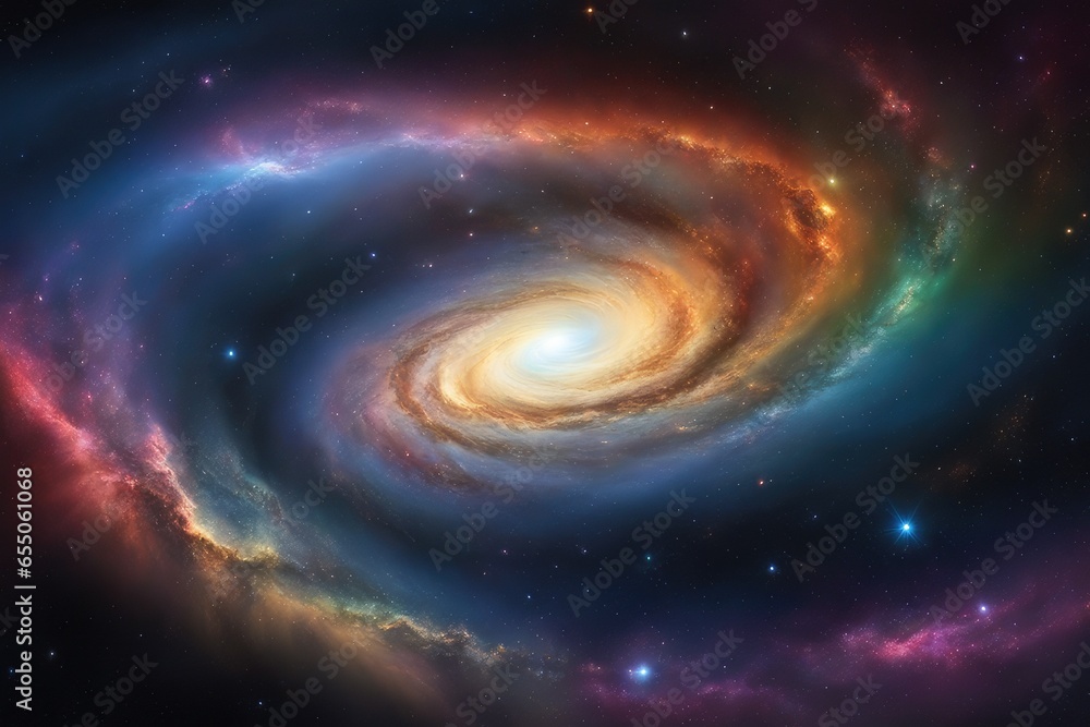 Dynamic cosmic scenery with rainbow tones