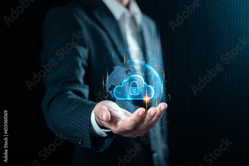 Cloud storage technology, businessman holding cloud computing data and security on global networking, backup, Data transfer service platform on digital network.