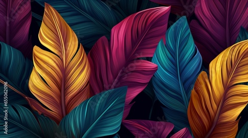 Luxury seamless pattern  pastel colorful tropical leaves  exotic palm  jungle  foliage. Hand-drawn vintage 3d illustration. Dark glamorous bright background. Wallpapers  cloth  fabric printing  goods