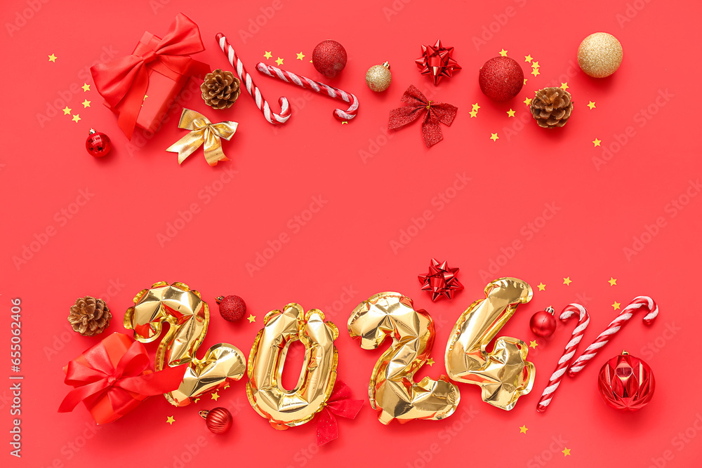 Figure 2024 made of foil balloons with Christmas balls and gift boxes on red background Figure 2024 made of foil balloons with Christmas balls and gift boxes on red background