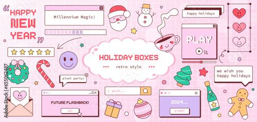Retro Y2K Christmas and New Year Computer Elements and Windows. Winter Holidays Design, 90s Desktop Screens, Vaporwave Art. Merry Christmas and Happy New Year Postcards, Stickers, and Decorations.