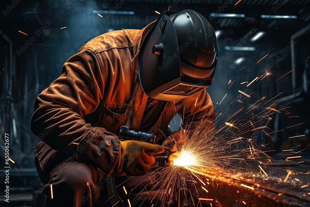 A welder at a factory welds pipes in the dark A welder at a factory welds pipes in the dark
