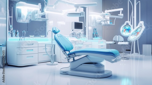 Modern Dental Clinic  Dentist chair and other accessories used by dentists in blue medical light
