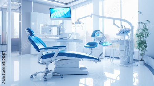 Modern Dental Clinic, Dentist chair and other accessories used by dentists in blue medical light