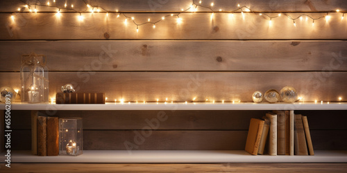 Garland of Round Christmas Lights on Wooden Plank Background, Festive Frame Made of Warm Christmas Lights on Light Wood, Cozy Holiday Decoration with Christmas Lights on Wooden Boards 