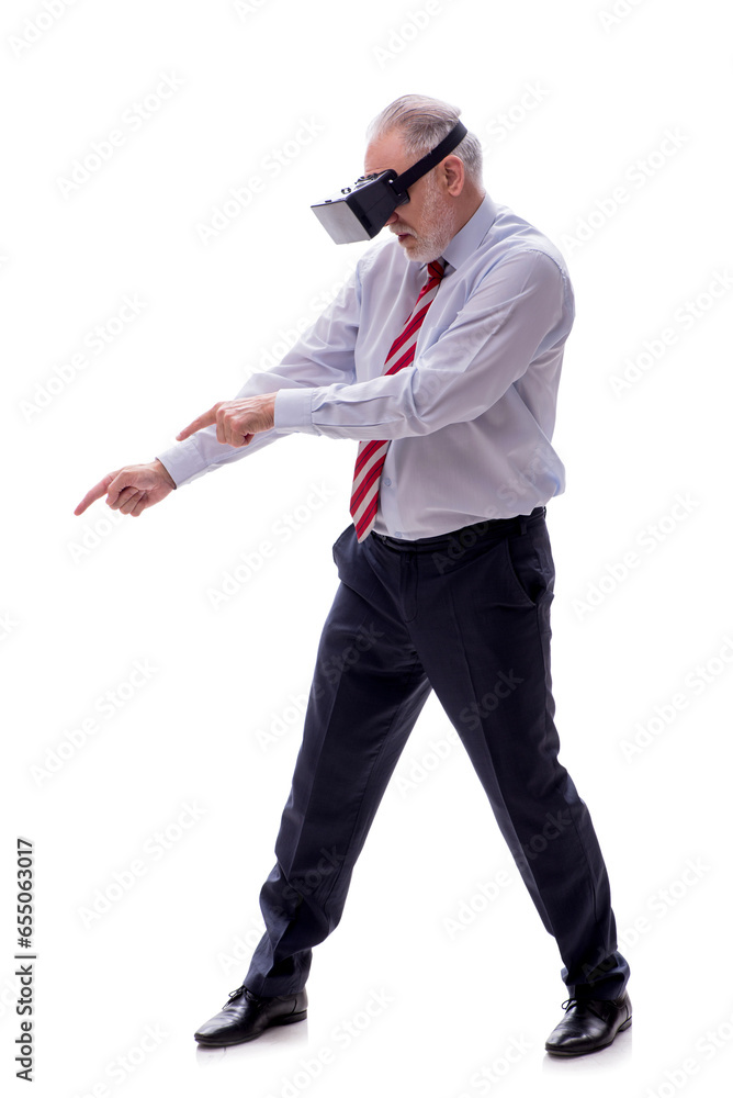 Old businessman wearing virtual glasses isolated on white Old businessman wearing virtual glasses isolated on white