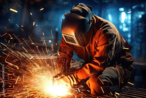 Welder is welding metal, industry them bokeh and sparkle background. Industrial Welder With Torch. Highly skilled welder workers are welding in the construction site in the factory.