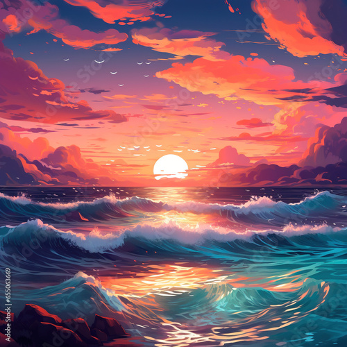 sunset over the sea illustration