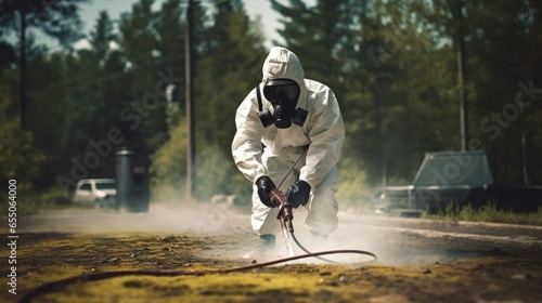 1 officer Wearing a mask and white protective suit, spraying toxic gas on the ground photo