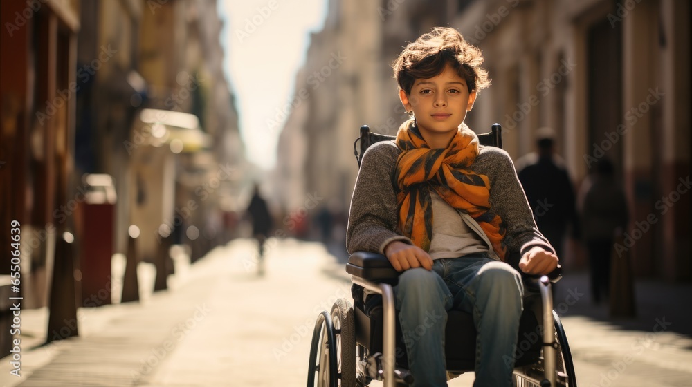 Digital composite of Disabled boy in wheelchair with bright background Digital composite of Disabled boy in wheelchair with bright background