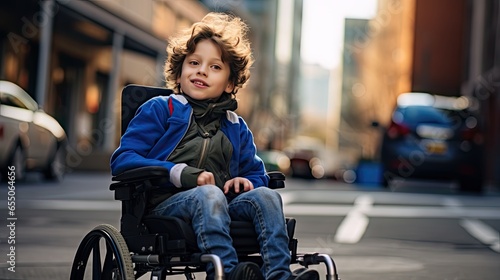 Digital composite of Disabled boy in wheelchair with bright background