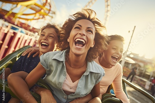 Young Caucasian or Scandinavian mother and two children riding a rollercoaster at an amusement park or state fair, experiencing excitement, joy, laughter and summer fun. © Stavros