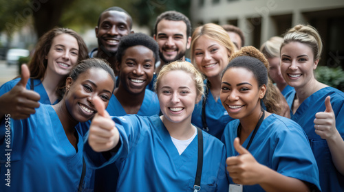 Joyful and Smiling Medical Students in Scrubs and Nurse Uniform, Posing for a Photo and Giving Thumbs Up photo