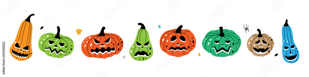 Autumn pumpkins with scary faces. Pumpkins scary faces. Vector illustration. Autumn halloween vegetables. Autumn pumpkins with scary faces. Pumpkins scary faces. Vector illustration. Autumn halloween vegetables.