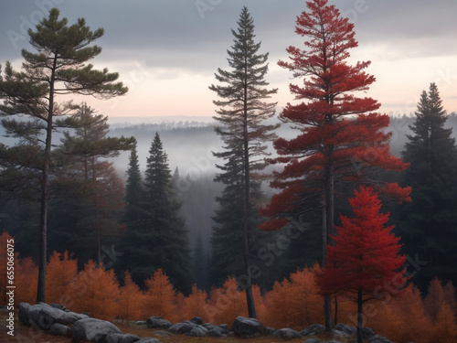 Pine trees on a moody fall landscape with red and orande colors photo