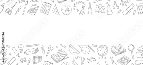 School outline banner. Back to school. Trophy, diploma, notebook, microscope, tube, pencil, eraser, schoolbag, globe, scissors, calculator.