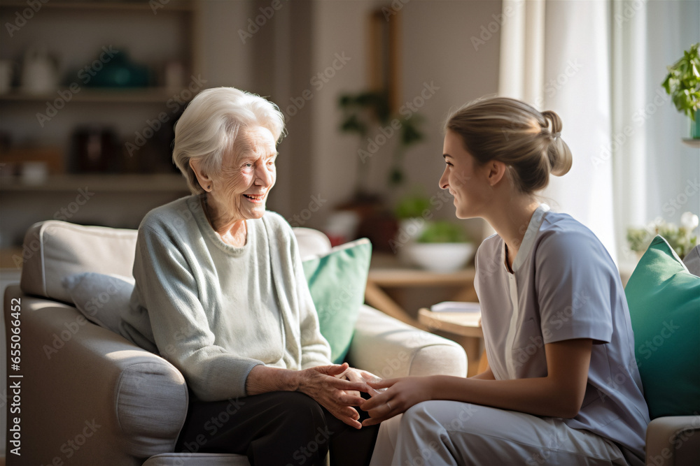 Female community nurse visits senior lady at home. - obrazy, fototapety, plakaty 