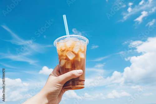 Hand holding iced coffee in a plastic cup with a blue sky and cloud background