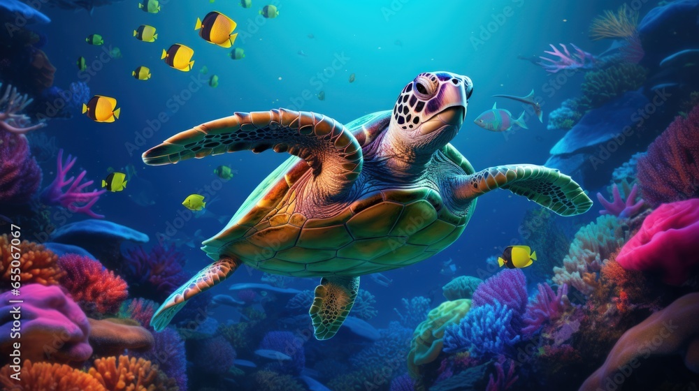 Sea Turtle in underwater world  with colorful coral and small fish.